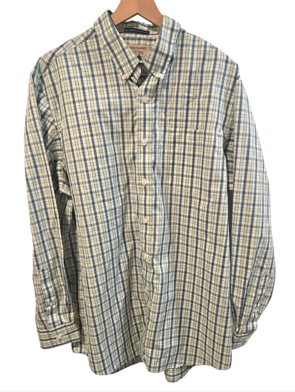 Duluth Trading Wrinkle Fighter Blue Green Plaid Cotton Button Down Large Tall